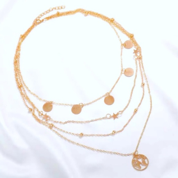 Four Layers Gold Chains Earth Pendant Necklaces - Picture 5 of 11